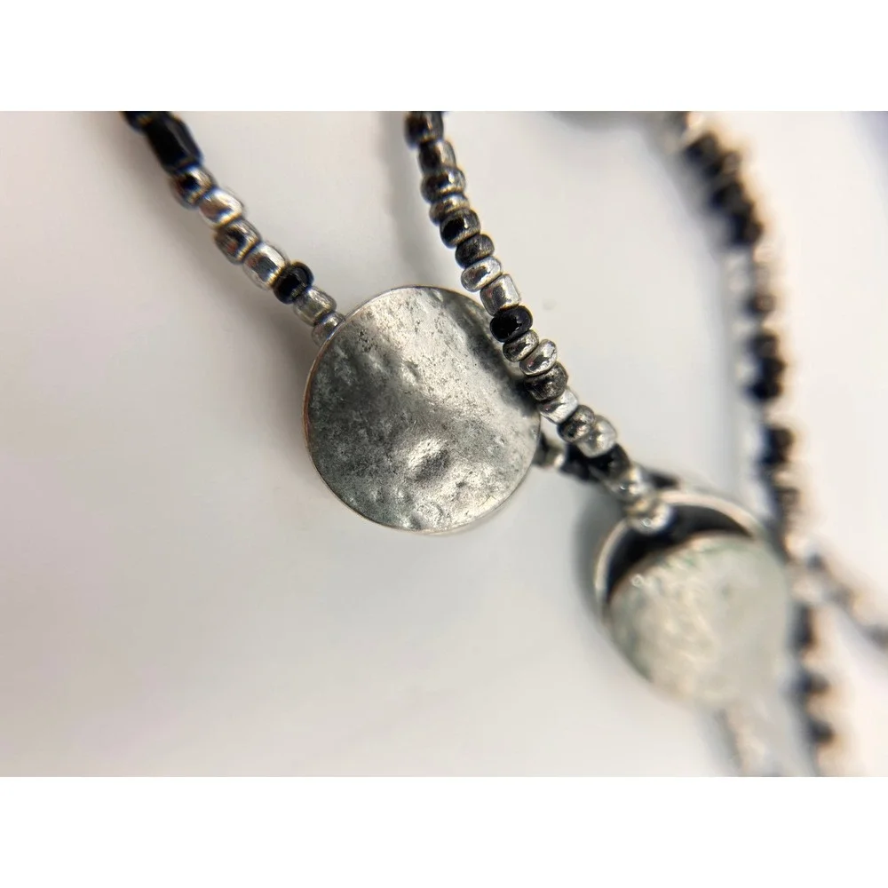 Chicos Long Beaded Necklace Womens OS Silver Black Good Hammered Disc Layered